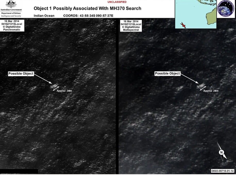Ảnh vệ tinh vật thể nghi mảnh vỡ MH370 công bố ngày 20.3.2014. Ảnh: Xinhua