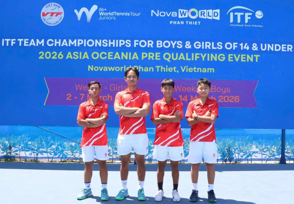 The Vietnam U14 men's tennis team aims to pass the qualifying round of the ITF Team Championships for Boys U14 2026 – Asia/Oceania Pre-Qualifying tournament at home. Photo: VTF