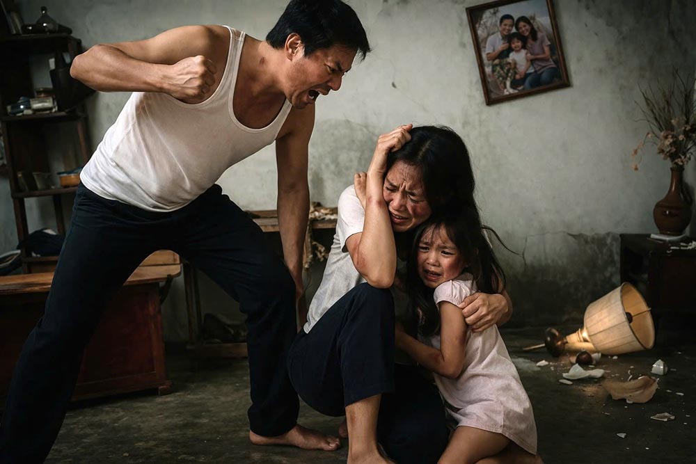 Acts of beating, cursing, holding knives to the neck to threaten to drive the wife out of the house... are acts of domestic violence. Photo: AI, Pham Ngoc