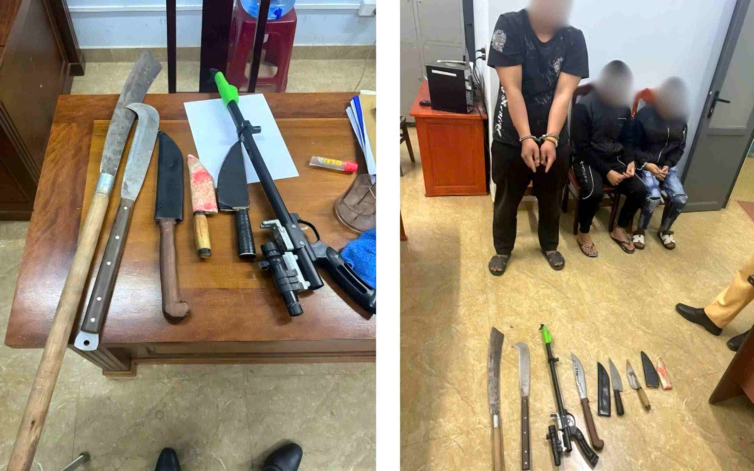 Kiểm tra nhà trọ, công an phát hiện 3 đối tượng dương tính với ma túy và tàng trữ nhiều hung khí. Ảnh: Công an cung cấp 