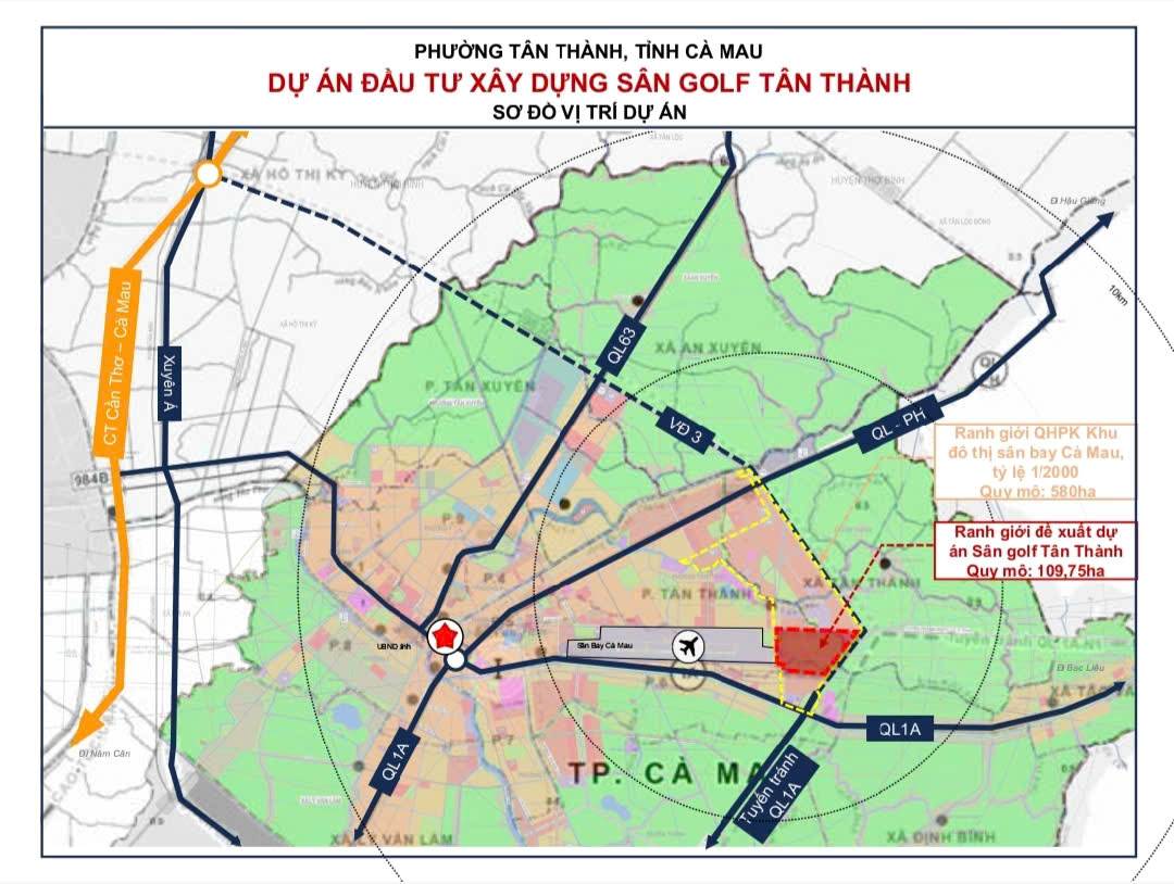 Sơ đồ vị trí Dự án đầu tư xây dựng sân golf Tân Thành, Cà Mau. Ảnh: Nhật Hồ.