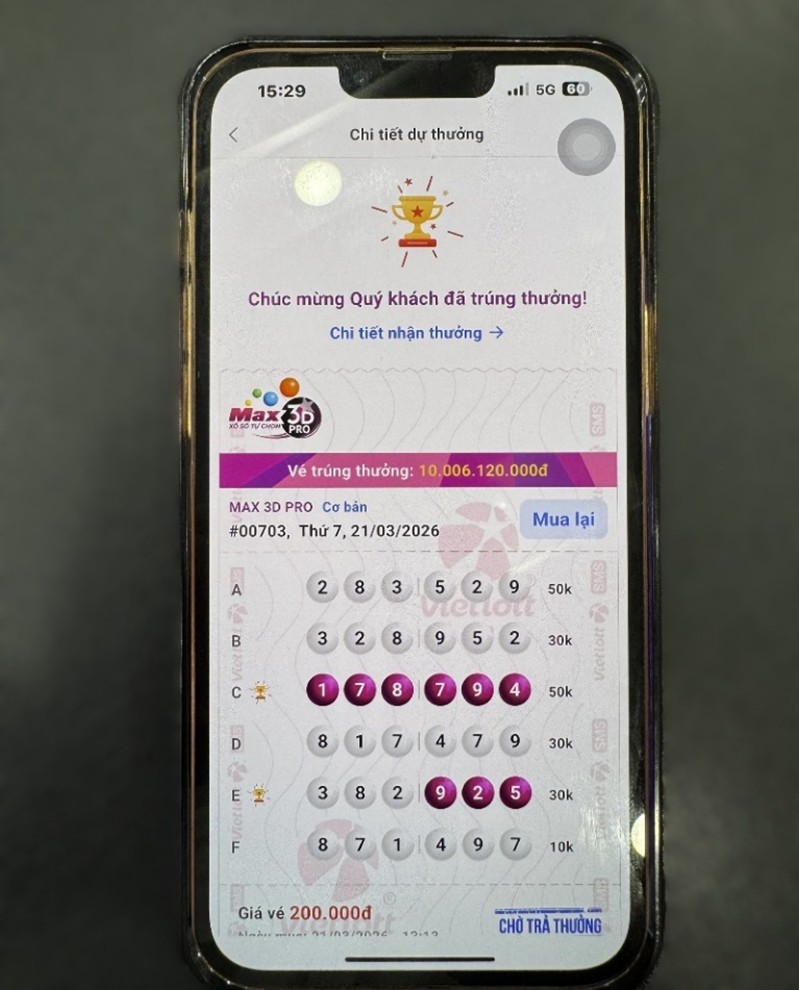 Tấm vé trúng thưởng của ông N.Đ.T. Ảnh: Vietlott 