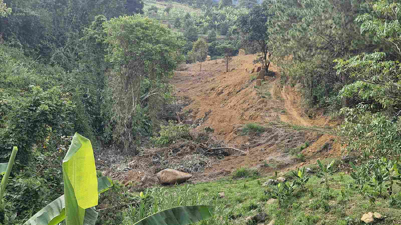 Dòng suối tự nhiên trên đèo Bảo Lộc bị vùi lấp ảnh hưởng đến dòng chảy do hoạt động san gạt. Ảnh: Phúc Khánh 