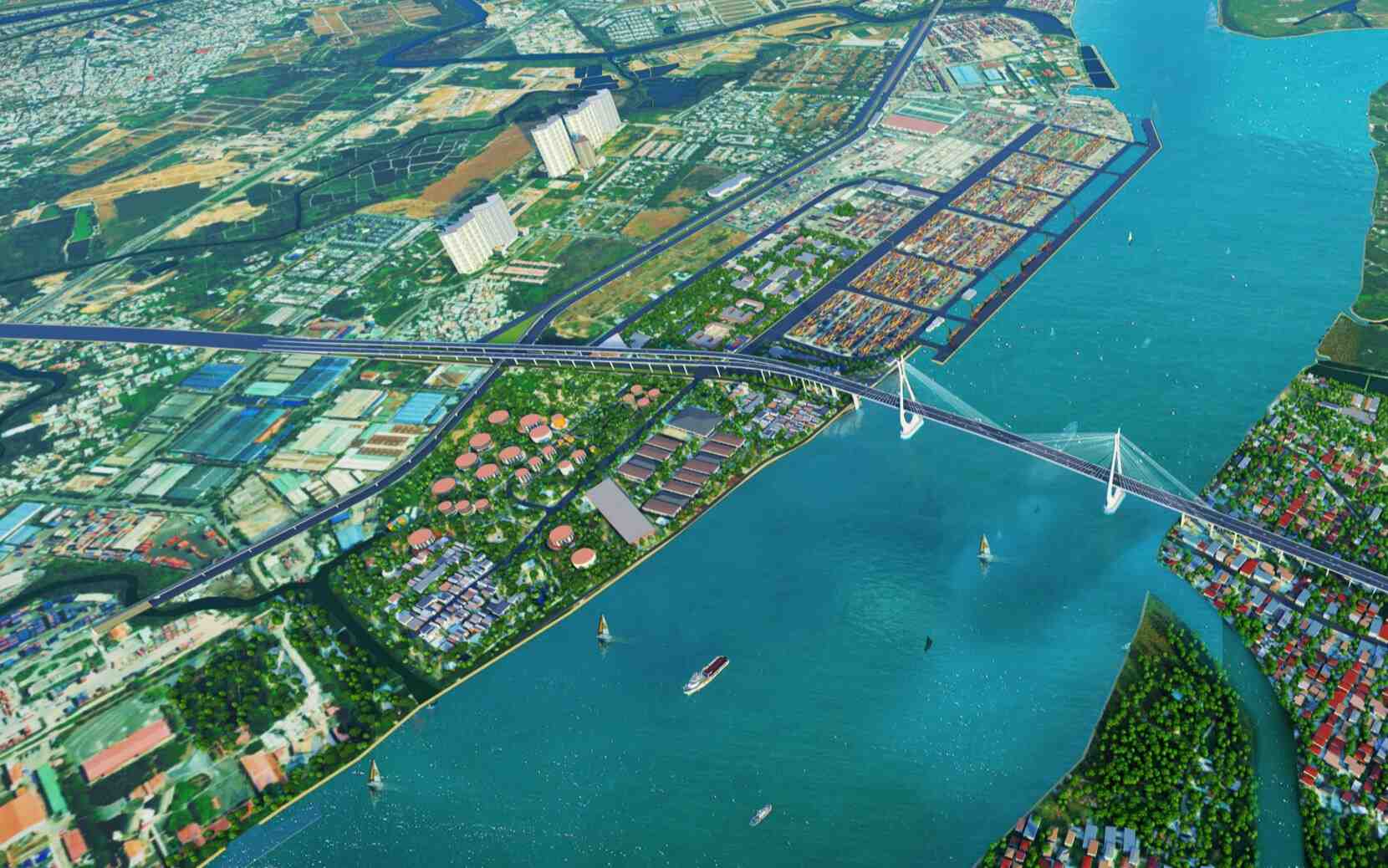 Phối cảnh cầu Cát Lái, đường Nguyễn Thị Định dẫn vào cầu nằm phía bên trái. Ảnh: Tedi