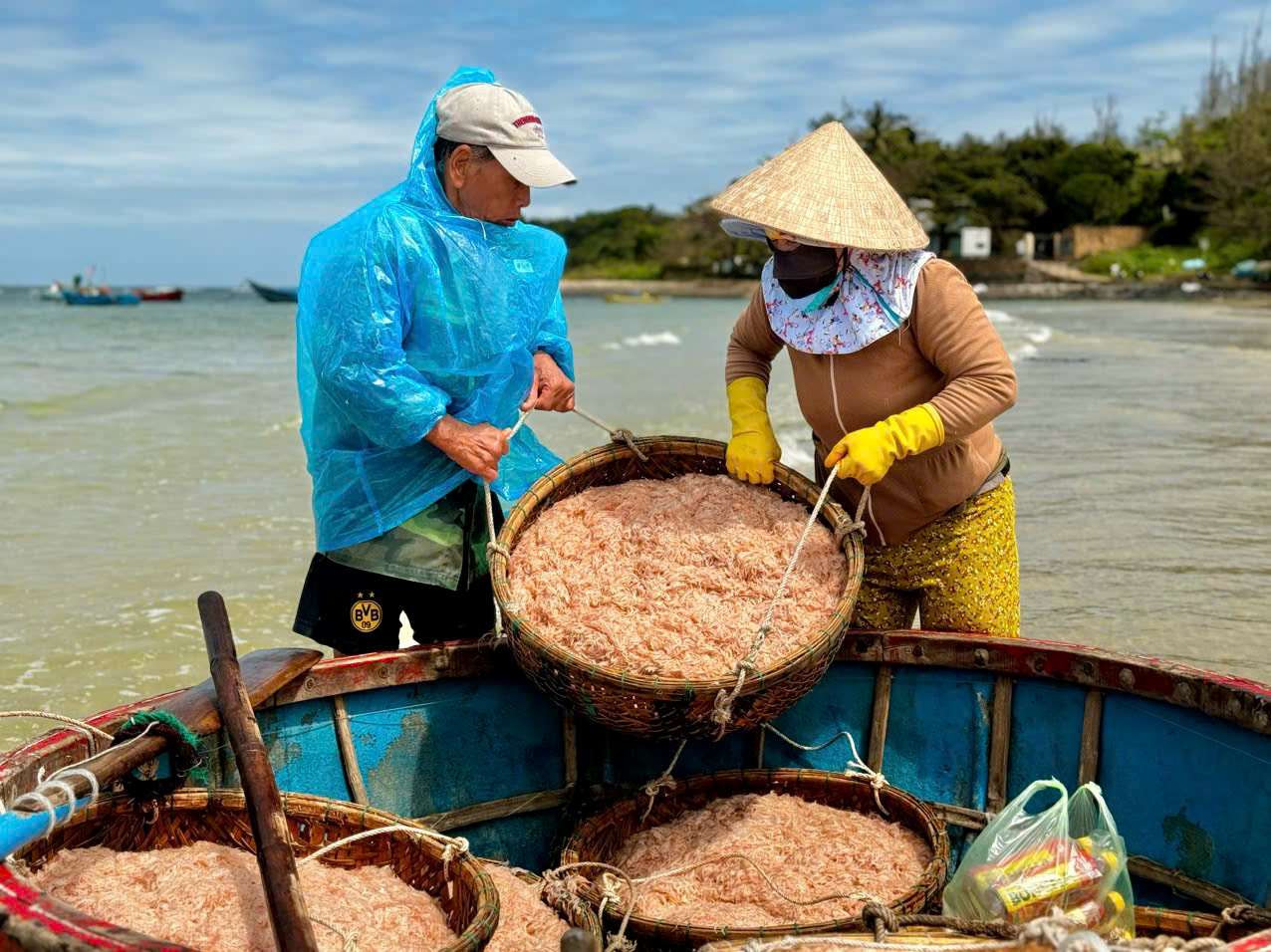 Ngư dân Quảng Ngãi và mẻ ruốc biển tươi rói. Ảnh: Đông Giang
