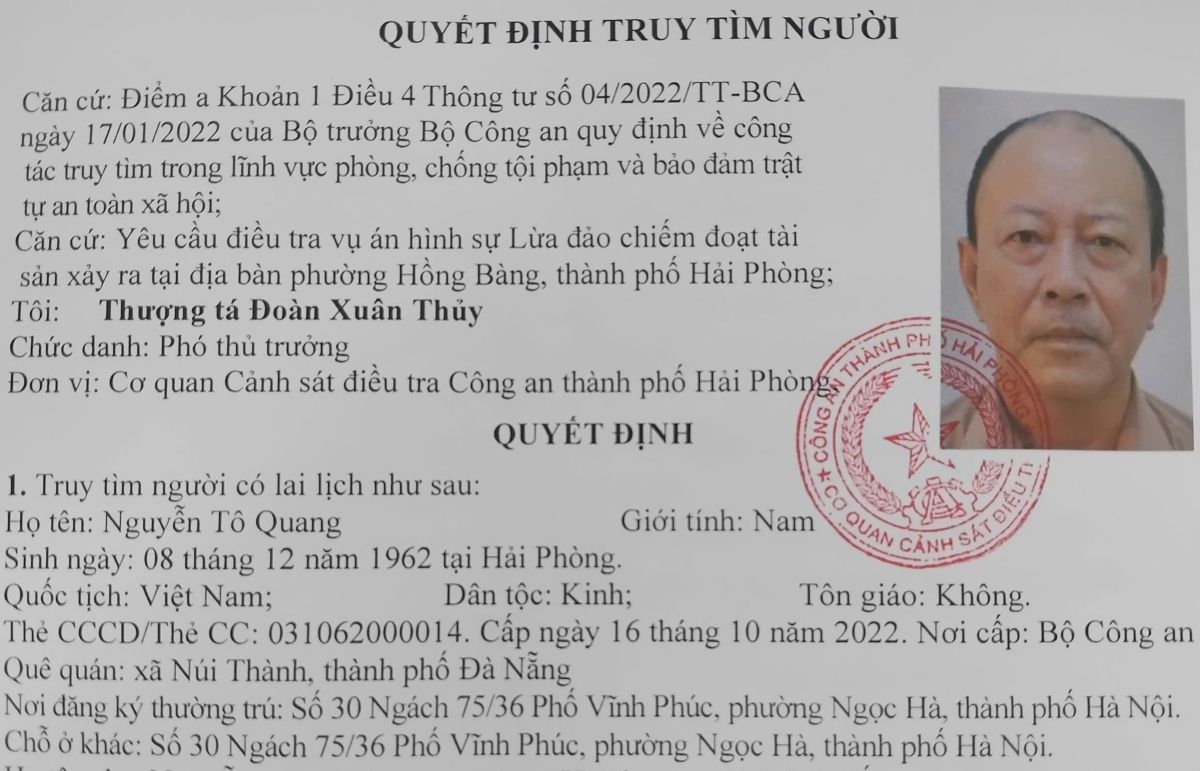 Quyết định truy tìm người đối với Nguyễn Tô Quang. Ảnh: Công an thành phố Hải Phòng
