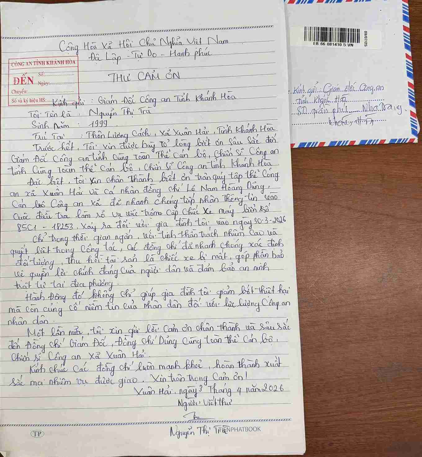 Công an xã Xuân Hải nhận được thư cảm ơn của công dân sau khi nhanh chóng điều tra, thu hồi tài sản bị trộm cắp. Ảnh: Công an cung cấp