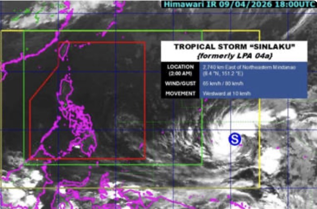 Vị trí của bão Sinlaku ngày 10.4  theo quan sát của cơ quan thời tiết Philippines. Ảnh: PAGASA 