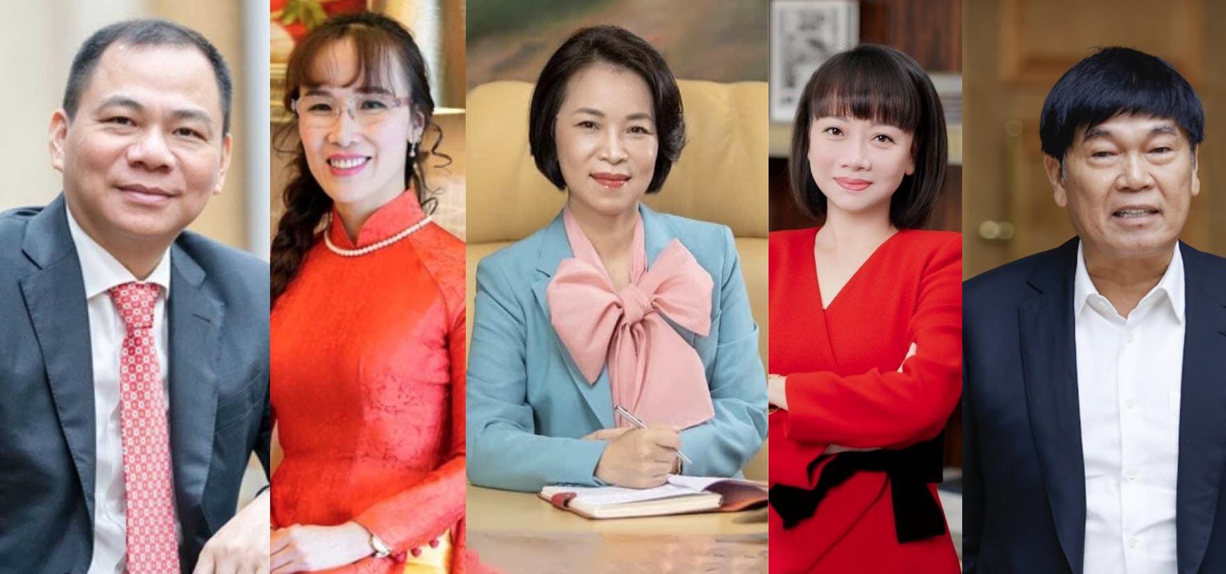 現在のベトナムの米ドル億万長者の肖像。左から右へ:ファム・ニャット・ブオン氏、グエン・ティ・フォン・タオ氏、チャン・ディン・ロン氏、ファム・トゥ・フオン氏、ファム・トゥイ・ハン氏。グラフィック:ミン・フイ