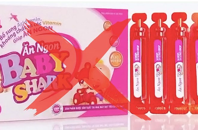 Một sản phẩm thực phẩm chức năng (Baby Shark) bị xác định là giả. Ảnh: VTV