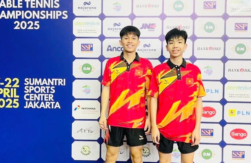 Vietnamese tennis players who won gold medals in U15 men's doubles at the 2025 Southeast Asian Youth Table Tennis Championship. Photo: Vietnam Table Tennis Federation