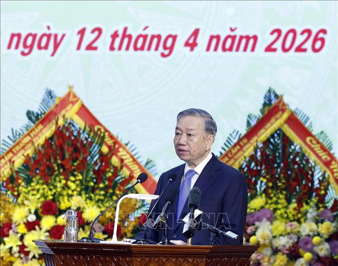 Tổng Bí thư Thường trực, Chủ tịch nước Tô Lâm, Bí thư Quân ủy Trung ương phát biểu tại buổi lễ. Ảnh: TTXVN.