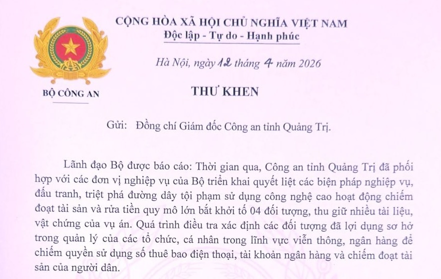 Bộ Công an gửi thư khen Công an Quảng Trị vì phá án công nghệ cao. Ảnh: Công an Quảng Trị