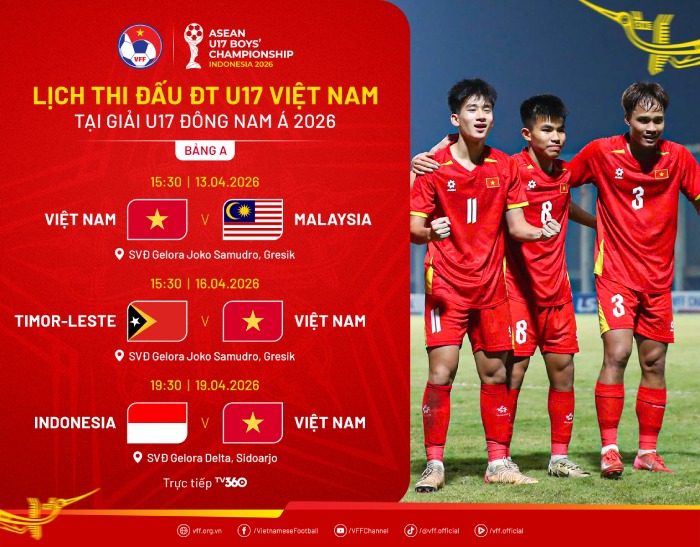 Lịch thi đấu U17 Việt Nam tại giải U17 Đông Nam Á 2026. Ảnh: VFF