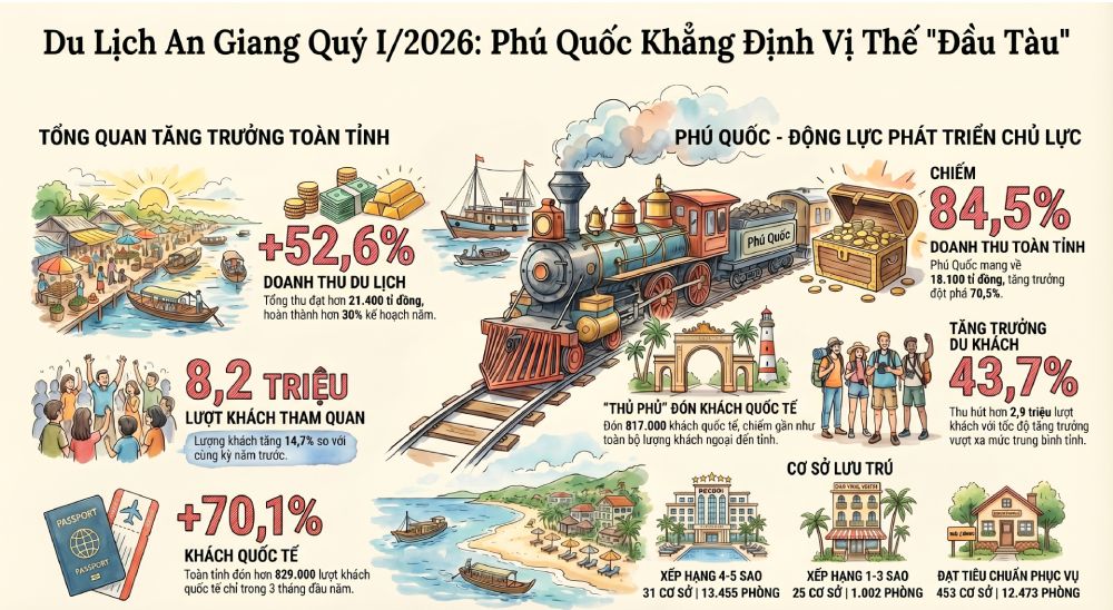 Số liệu du lịch quý I năm 2026 của tỉnh An Giang và đặc khu Phú Quốc.
