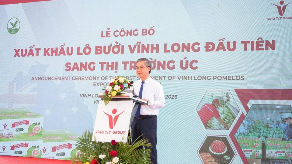 Phó Chủ tịch UBND tỉnh Vĩnh Long Châu Văn Hòa phát biểu tại lễ công bố xuất khẩu lô bưởi đầu tiên sang thị trường Úc. Ảnh: Hoàng Lộc