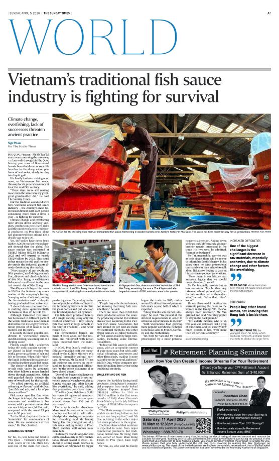 Hình ảnh bài viết về nước mắm truyền thống Việt Nam trên Ấn phẩm cuối tuần The Sunday Times – thuộc hệ thống The Straits Times. Ảnh: NVCC 