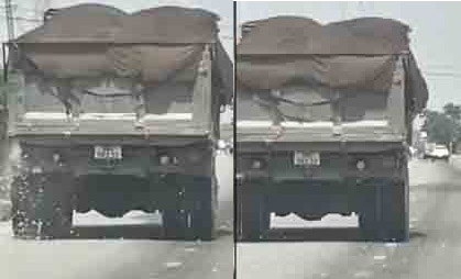 Hình ảnh xe tải mà tài xế H điều khiển để rơi vãi đá dăm trên đường. Ảnh cắt từ clip người dân ghi lại.