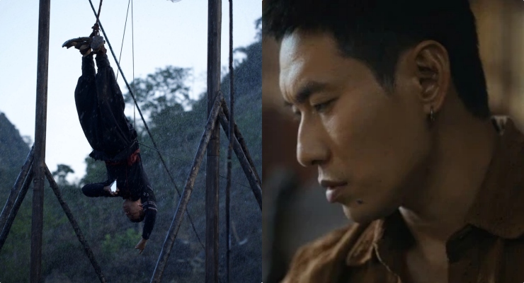 Kieu Minh Tuan is hung upside down in the new movie. Photo: Film crew.