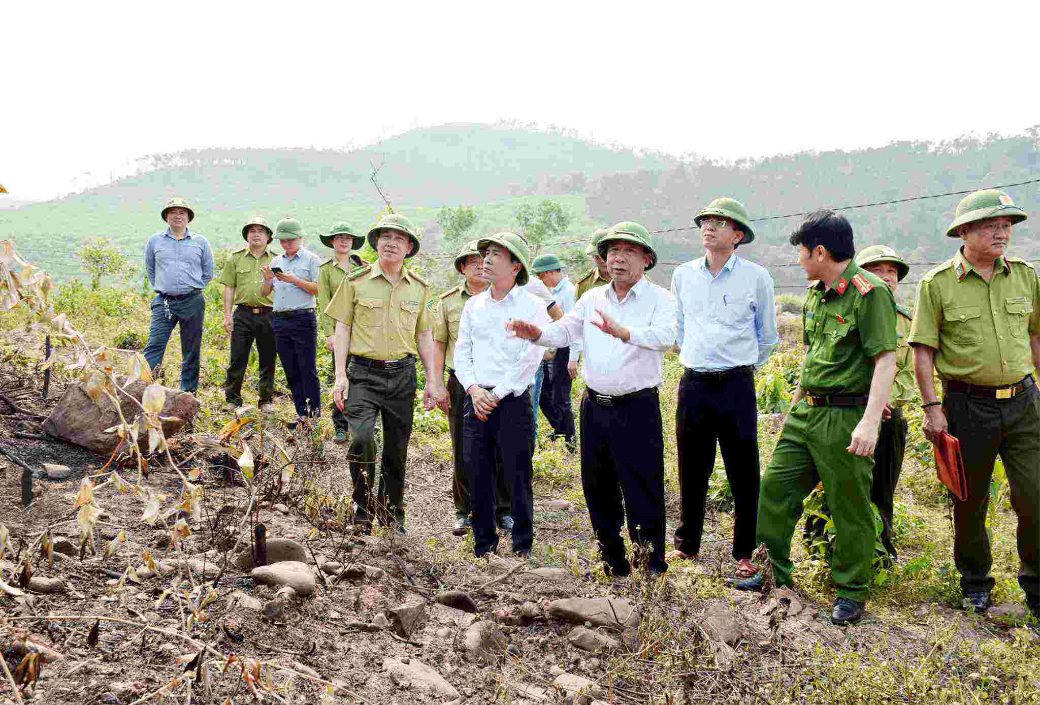 Phó Chủ tịch UBND tỉnh Nghệ An Nguyễn Văn Đệ kiểm tra, chỉ đạo công tác chữa cháy rừng tại hiện trường. Ảnh: Ngọc Anh
