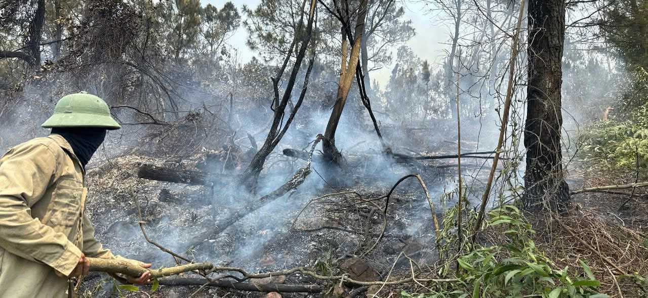 Consecutive forest fires in Nghe An have forced functional forces to brace themselves to extinguish the fire in intense heat conditions. Photo: Ngoc Anh