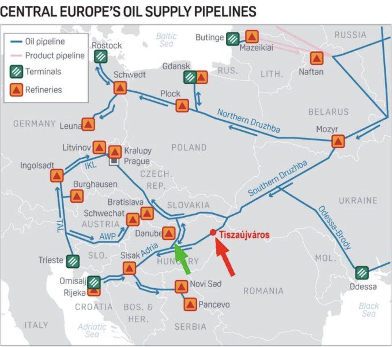 Các tuyến cung ứng dầu mỏ của khu vực Trung Âu. Ảnh: S&P Global Platts
