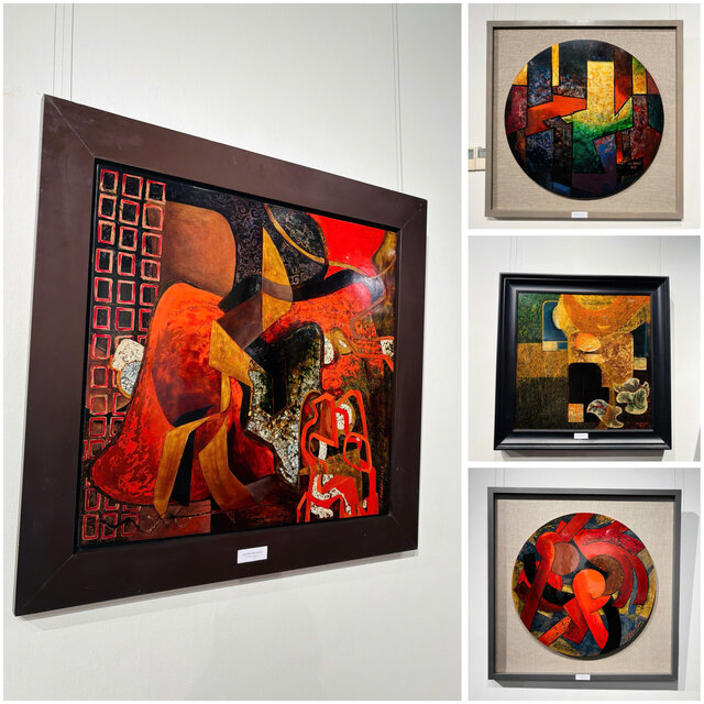 Các tác phẩm với các gam màu đỏ, cam, vàng thiếp nổi bật. Ảnh: Khánh Linh