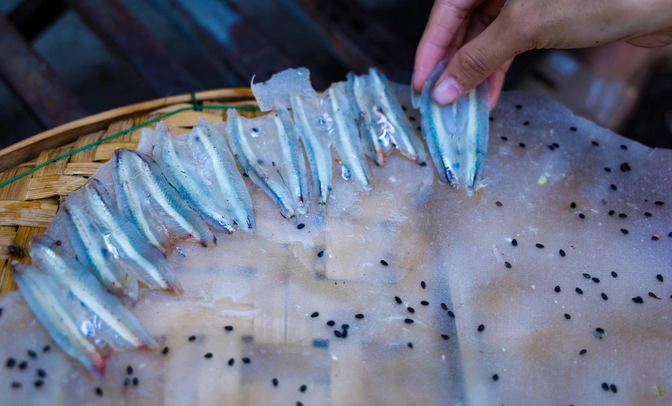 Từng con cá cơm được xếp lên mặt bánh tráng. Ảnh: Đông Giang