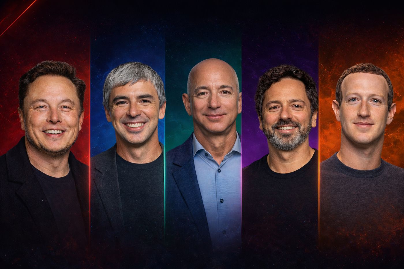 Portraits of the 5 richest billionaires in the world (from left to right: Elon Musk, Larry Page, Jeff Bezos, Sergey Brin and Mark Zuckerberg). Graphics: Minh Huy