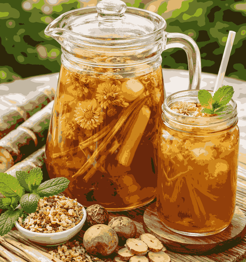 El agua de ginseng combinada con crisantemos secos y planta de agua es una bebida refrescante familiar con el efecto de ayudar a desintoxicar el hígado. Foto gráfica: Quang Minh.