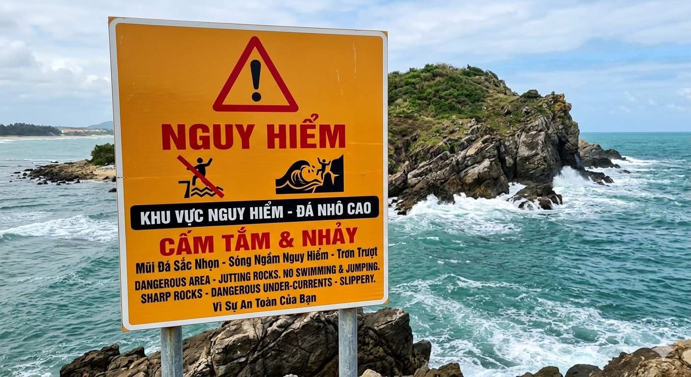Biển cảnh báo nguy hiểm tại khu vực biển Cửa Lò. Ảnh: Mai Ngân