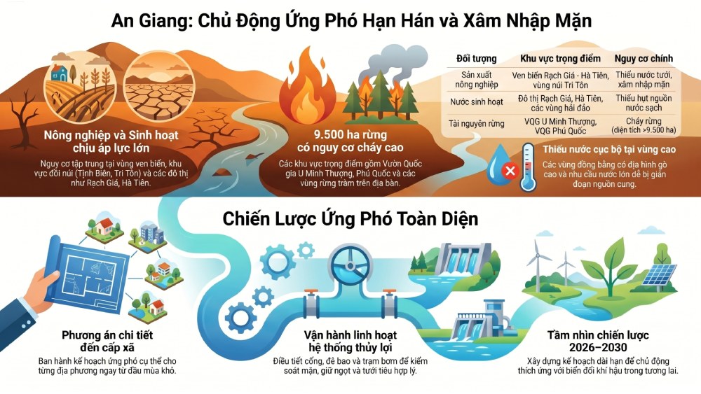 Tỉnh An Giang triển khai đồng bộ các nhóm giải pháp ứng phó hạn hán, thiếu nước, xâm nhập mặn. 