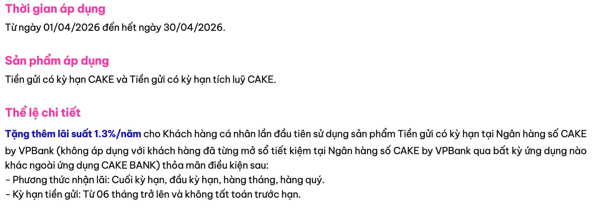 Biểu lãi suất tiết kiệm Cake by VPBank. Ảnh: Cake by VPBank  