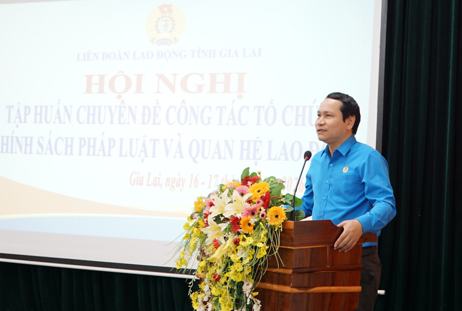 ザライ省労働組合連盟のハ・ズイ・チュン委員長は、2026年の組合員と基礎労働組合の発展の任務を述べました。写真:タイン・トゥアン