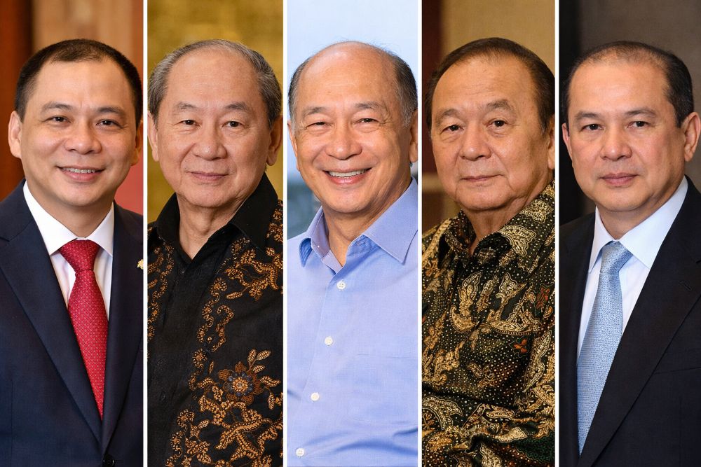 ファム・ニャット・ブオン氏は、東南アジアの億万長者グループの中で最もランクの高い人物です(写真左から右:ファム・ニャット・ブオン、プラジョゴ・パンゲストゥ、ロー・タック・クォン、R.ブディ・ハルトノ、アントニ・サリム)。グラフィック:ミン・フイ
