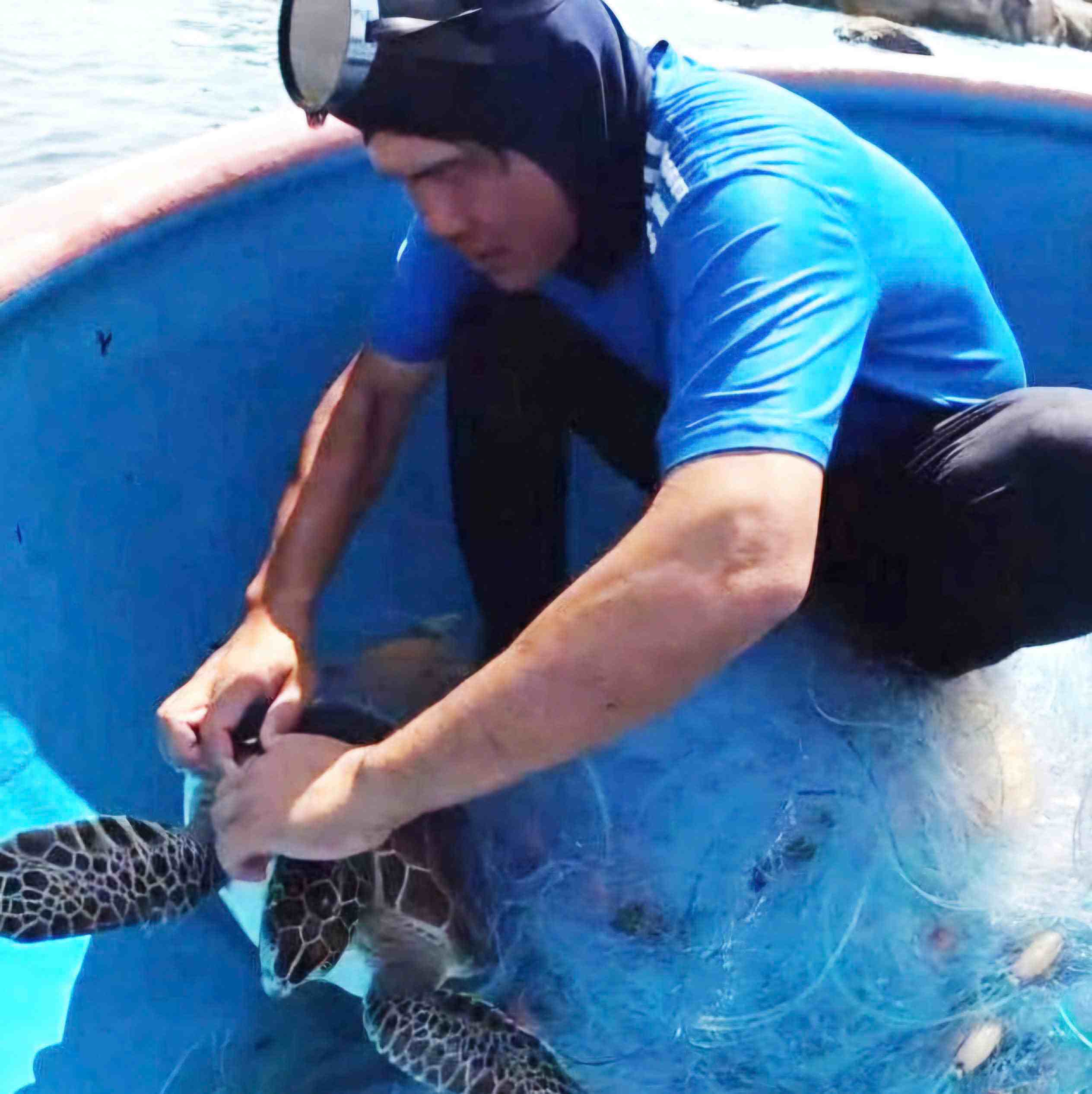 Mr. Tuoi discovered a sea turtle caught in a net while fishing. Photo: Character provided