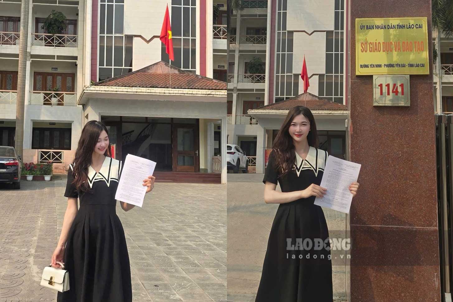 Chị Trang rạng rỡ check-in tại cổng Sở Giáo dục và Đào tạo Lào Cai, ghi dấu ngày cầm trên tay quyết định tuyển dụng - cột mốc đáng nhớ trong hành trình nghề nghiệp.