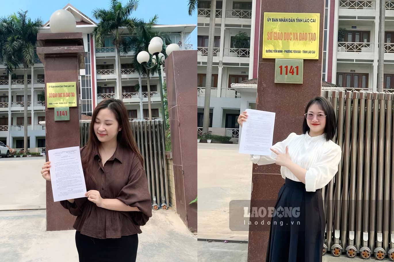 Niềm vui hiện rõ trên gương mặt các giáo viên trẻ khi check-in tại cổng Sở Giáo dục và Đào tạo Lào Cai, đánh dấu ngày chính thức vào biên chế.