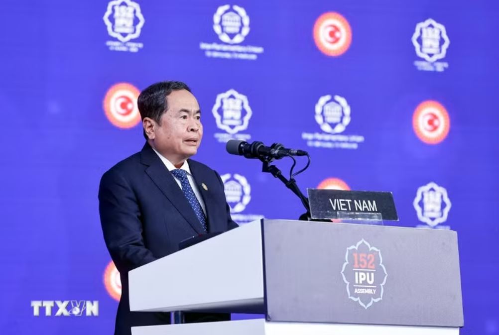 Politburo Member, National Assembly Chairman Tran Thanh Man speaks at the General Discussion Session on the topic "Fourturing Hope, Ensuring Peace and Protecting Justice for Future Generations". Photo: VNA