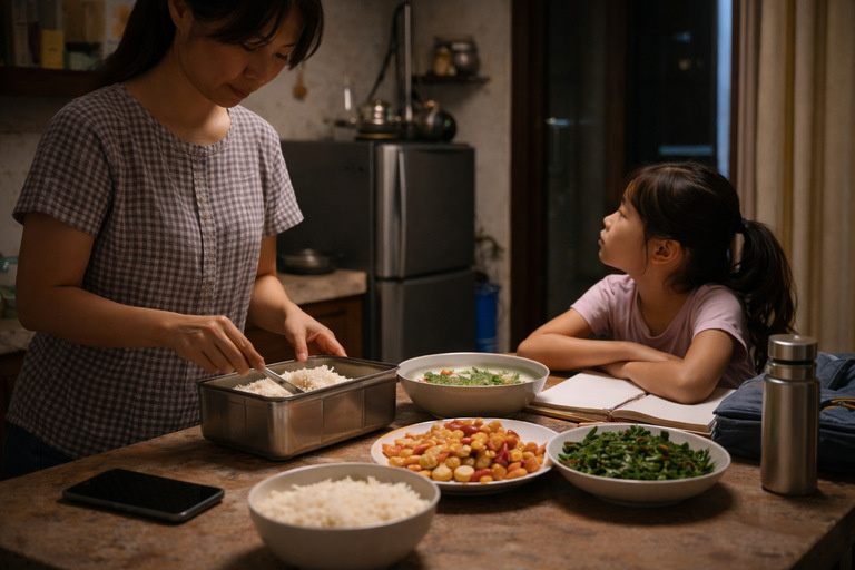 Mari et femme hors service, la famille ouvrière conserve toujours la chaleur des repas à la maison. Graphique: Khánh Linh