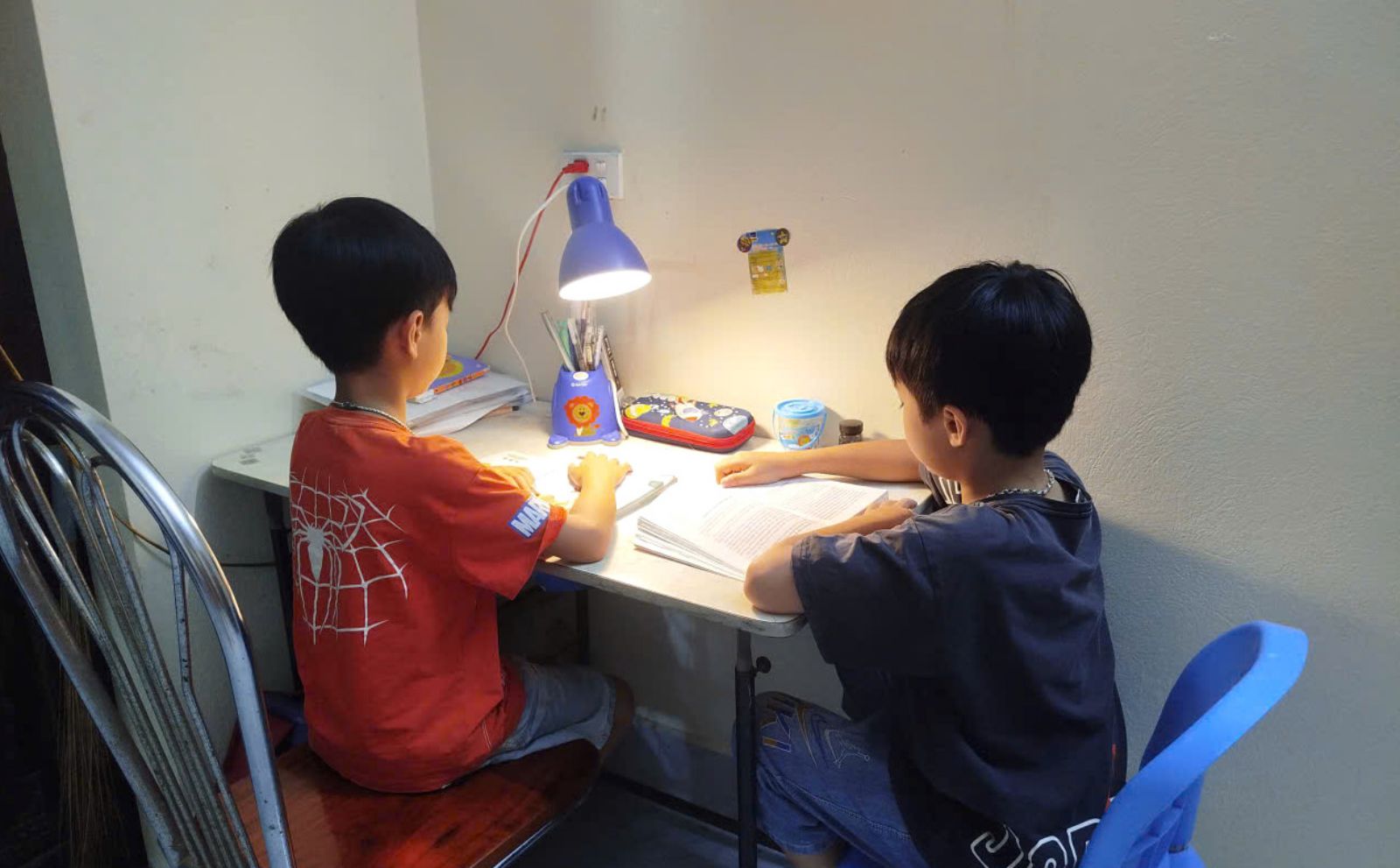 2 brothers Quoc Bao and Quoc Trung read books at home. Photo: Tuong Van