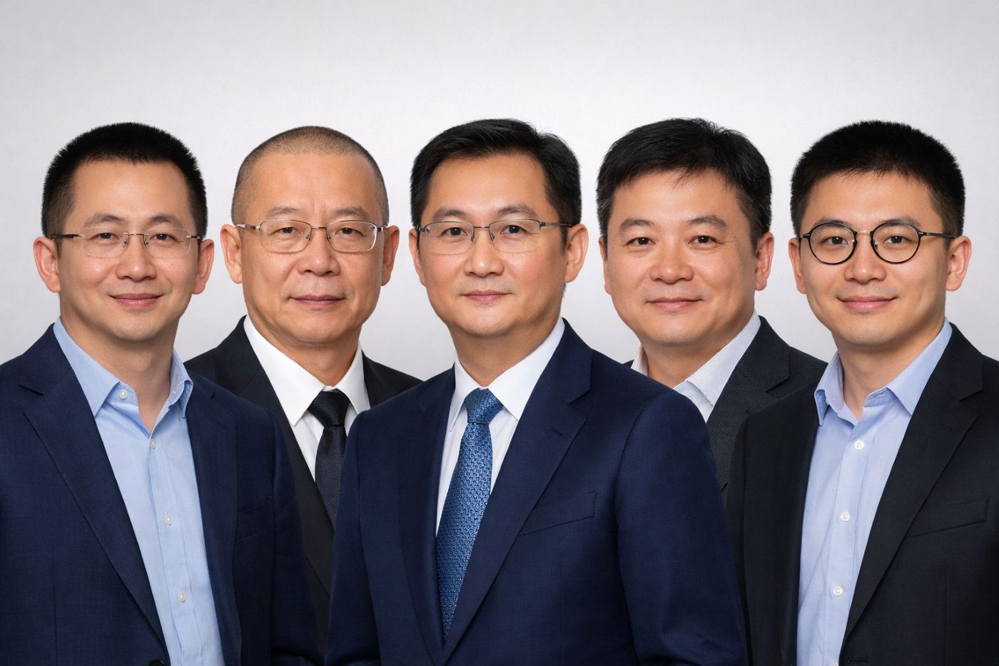 Portraits of 5 Chinese billionaires (From left to right: Zhang Yiming, Zhong Shanshan, Ma Huateng, William Ding, Colin Huang). Graphics: Minh Huy