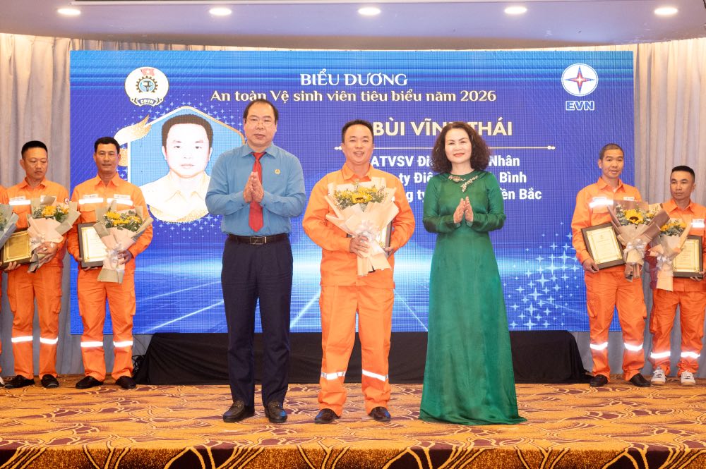 Lãnh đạo Công đoàn Điện lực Việt Nam trao bằng khen cho những cá nhân có nhiều đóng góp cho hoạt động mạng lưới an toàn vệ sinh lao động. Ảnh: Bảo Ngọc