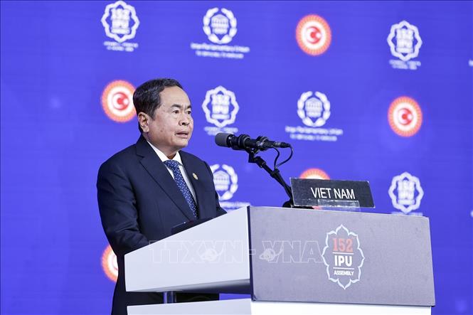 Politburo Member, National Assembly Chairman Tran Thanh Man speaks at the joint discussion session of the 152nd General Assembly of the Inter-Parliamentary Union (IPU-152). Photo: VNA