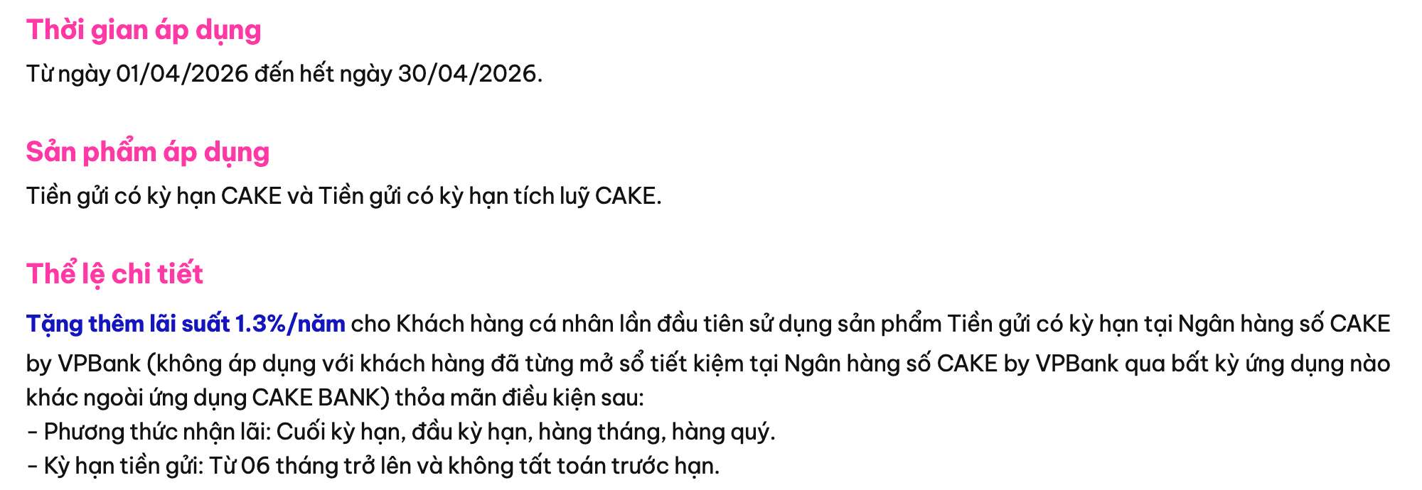 Biểu lãi suất tiết kiệm Cake by VPBank. Ảnh: Cake by VPBank  