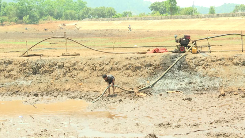 La presa se seca, los agricultores colocan bombas para buscar fuentes de agua para regar el café. Foto: Thanh Tuan