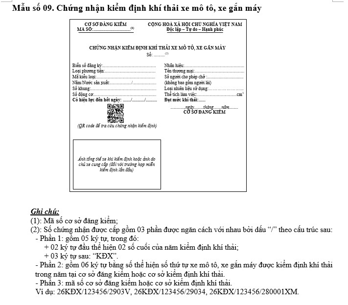 Model of motorcycle emission inspection certificate. Photo: Ministry of Construction