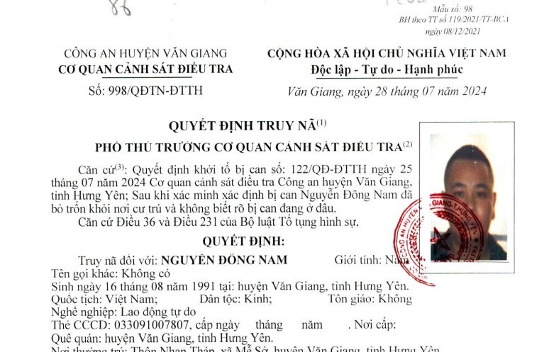 Nguyễn Đông Nam bị truy nã về hành vi cố ý gây thương tích. Ảnh: Công an tỉnh Hưng Yên