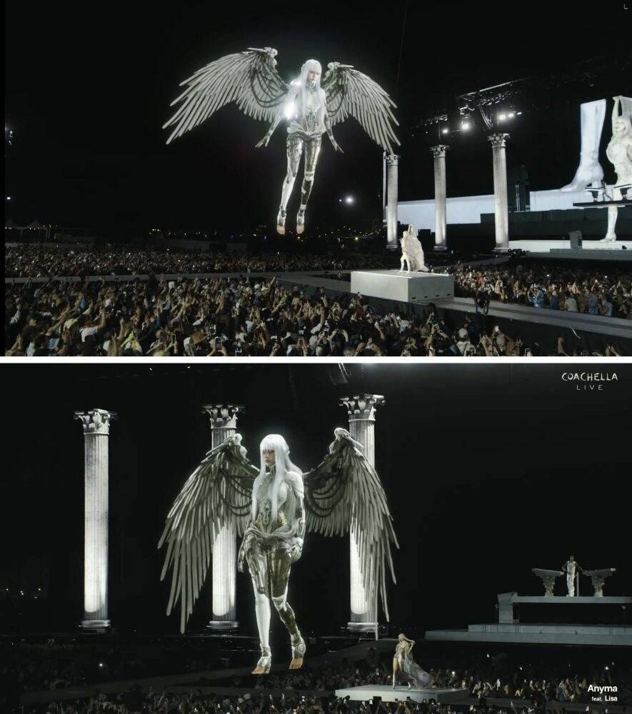 Hiệu ứng hình ảnh mãn nhãn trong màn trình diễn của Lisa ở Coachella 2026. Ảnh: cắt từ video