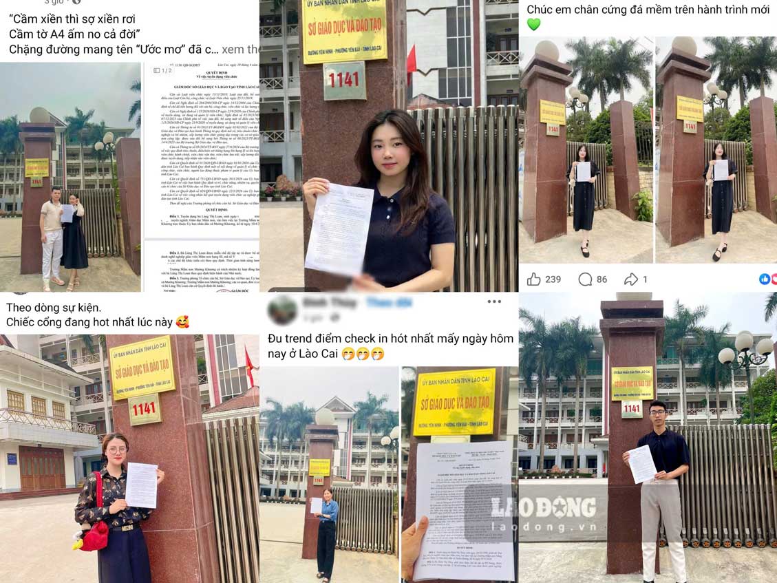 Nhiều giáo viên trẻ tại Lào Cai chia sẻ khoảnh khắc nhận quyết định tuyển dụng viên chức bằng cách check-in trước cổng Sở Giáo dục và Đào tạo tỉnh. Ảnh: Nhân vật cung cấp. 
